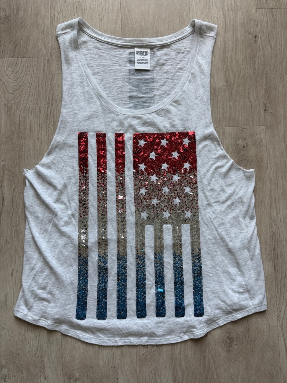 PINK Victoria's Secret White Tank with Sequin American Flag Size L